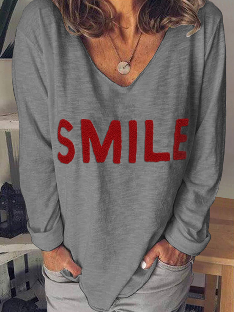 Letter embroidered V-neck long-sleeved t-shirt