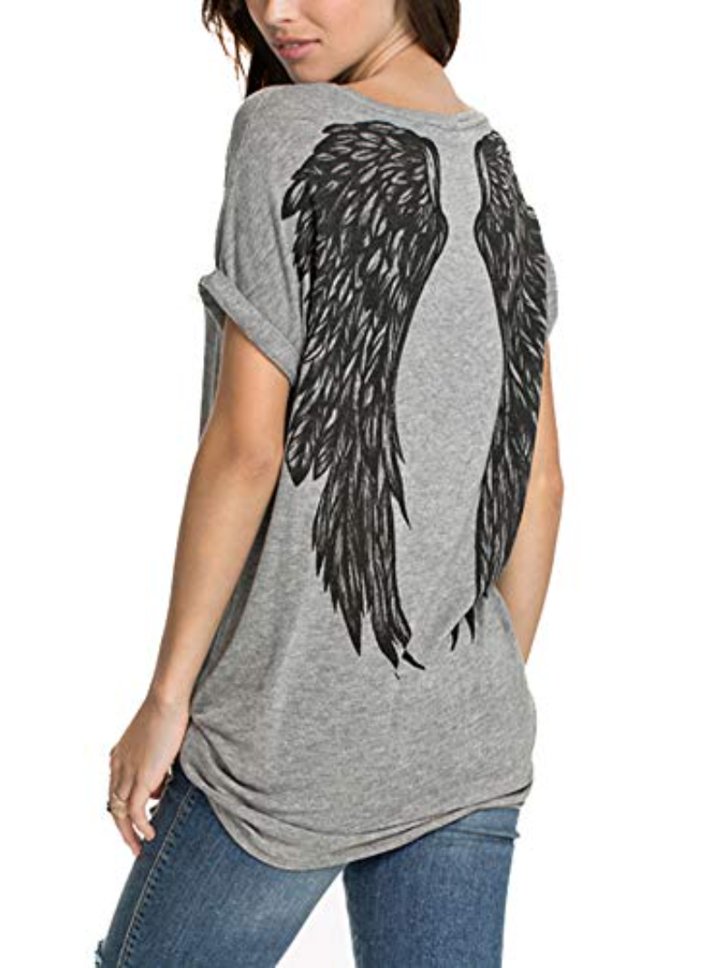 Gothic Wings Print Round Neck T-Shirt