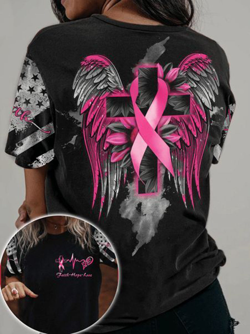 Trendy Ribboned Cross Wings Printed T-Shirt