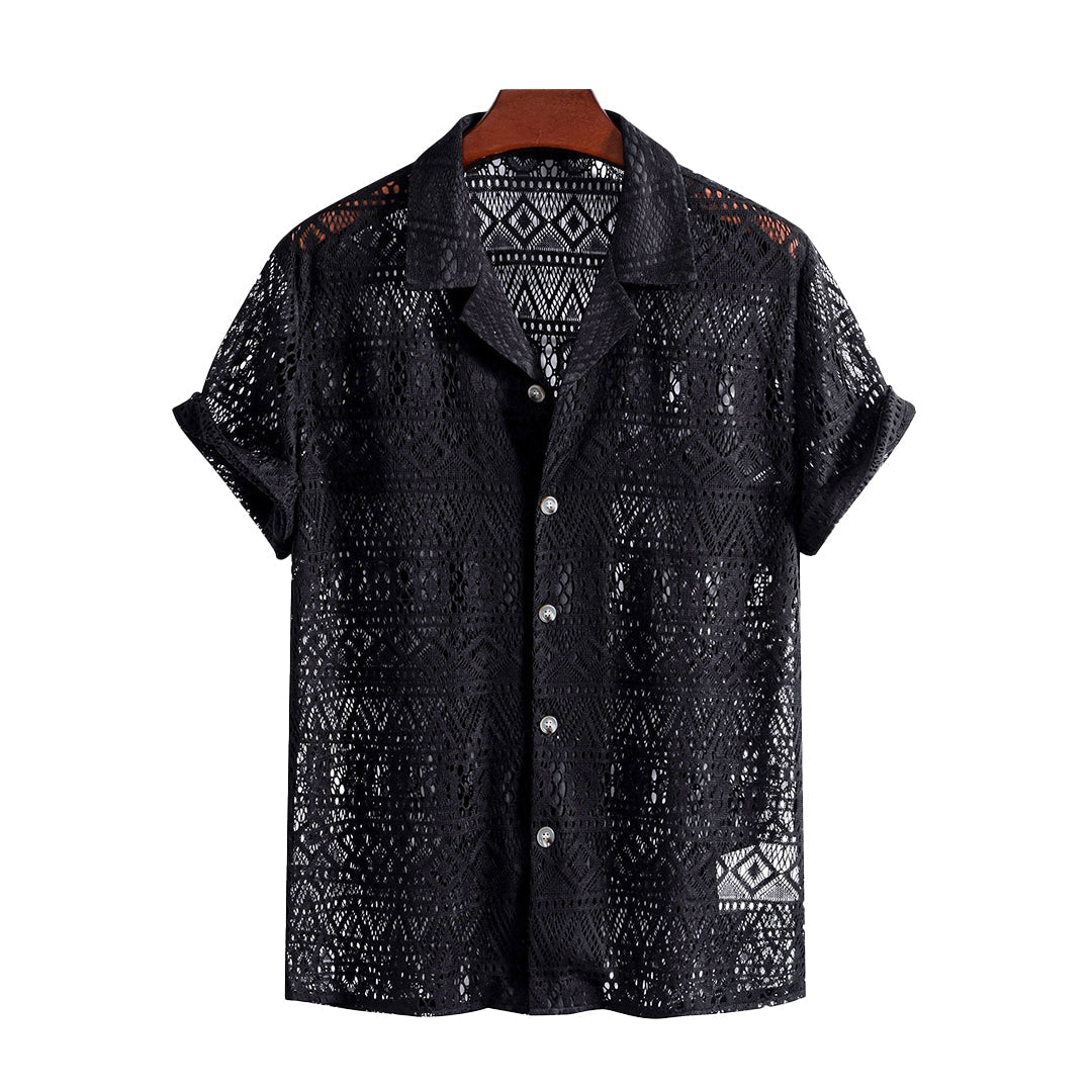Noble Wear Short Sleeve Geometry Textured Cuban Shirt