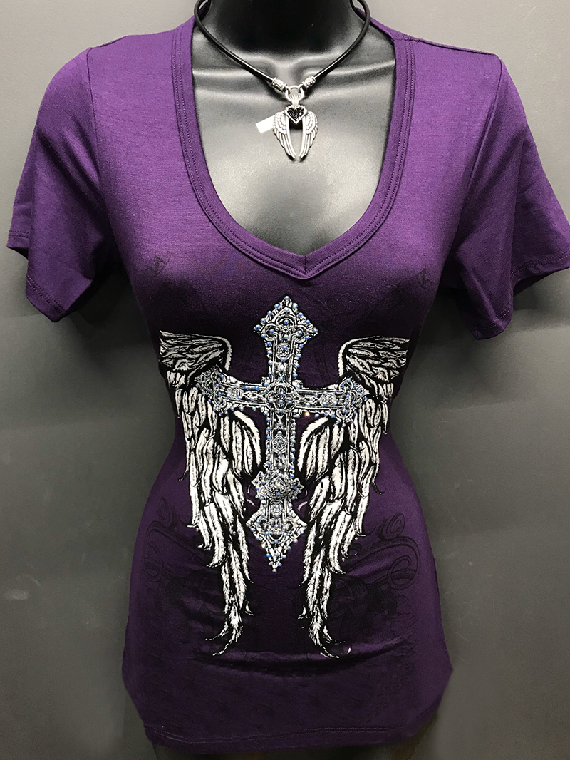 V-neck short-sleeved cross wings printed women's punk T-shirt