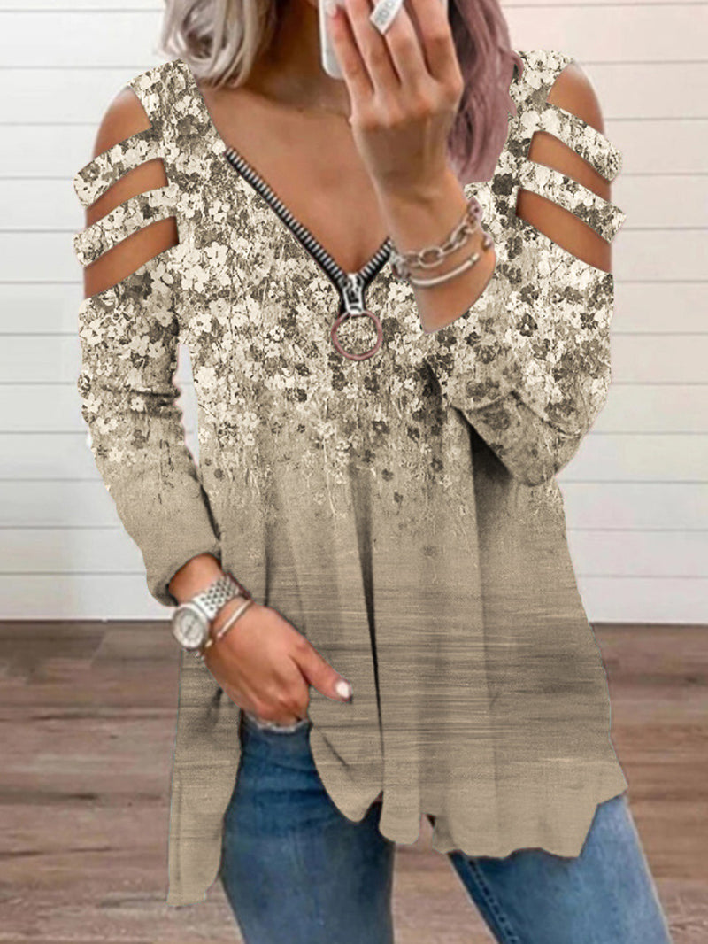 V-neck Zipper Hollowed-out Long-sleeved T-shirt