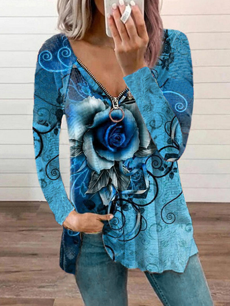 V-neck Zipper Rose Flower Print Long-sleeved T-shirt