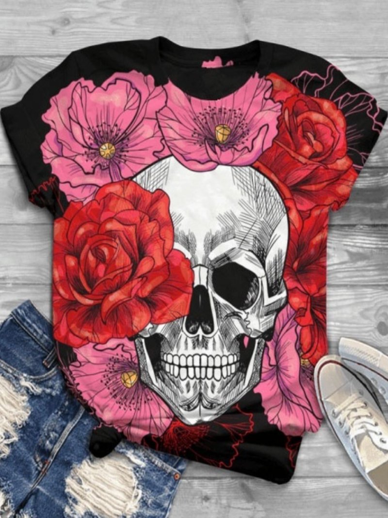 Casual Rose Skull Round Neck Short Sleeve Printed T-shirt