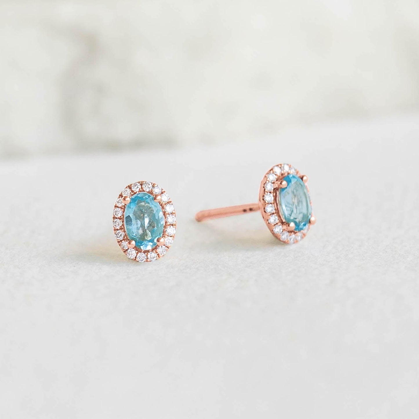 Swiss Blue Topaz Halo Stud Earrings Rose Gold - Marzia