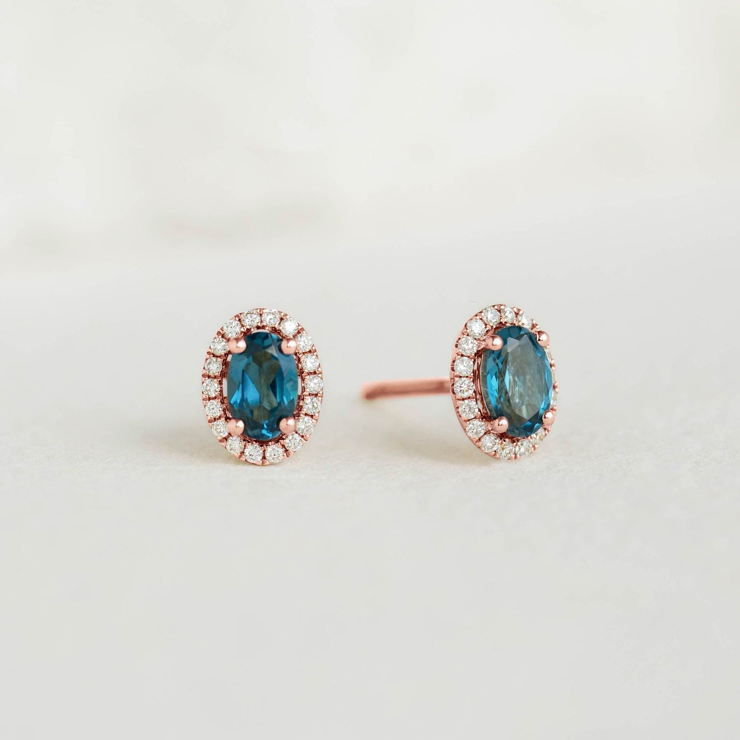 London Blue Topaz Halo Stud Earrings Rose Gold - Marzia