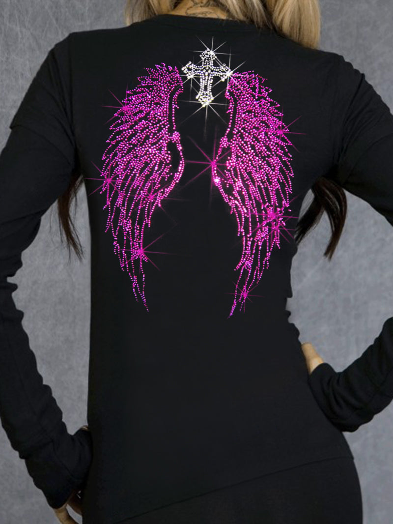 Gothic Cross Purple Wings Printed T-Shirt