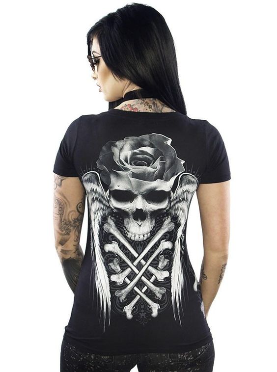 Rose Skull Printed Punk Style T-Shirt