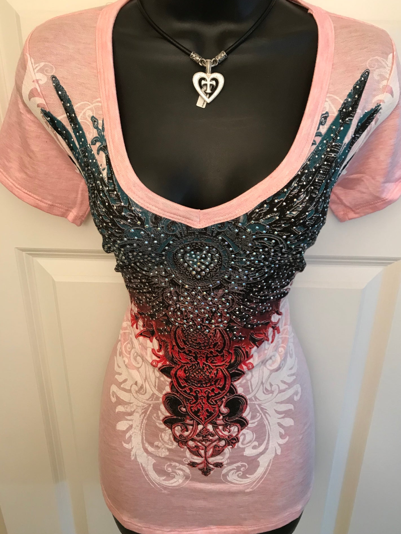 V-neck short-sleeved cross wings printed women's punk T-shirt