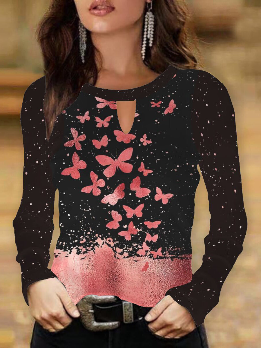 Border Butterfly Print Long Sleeve T-Shirt