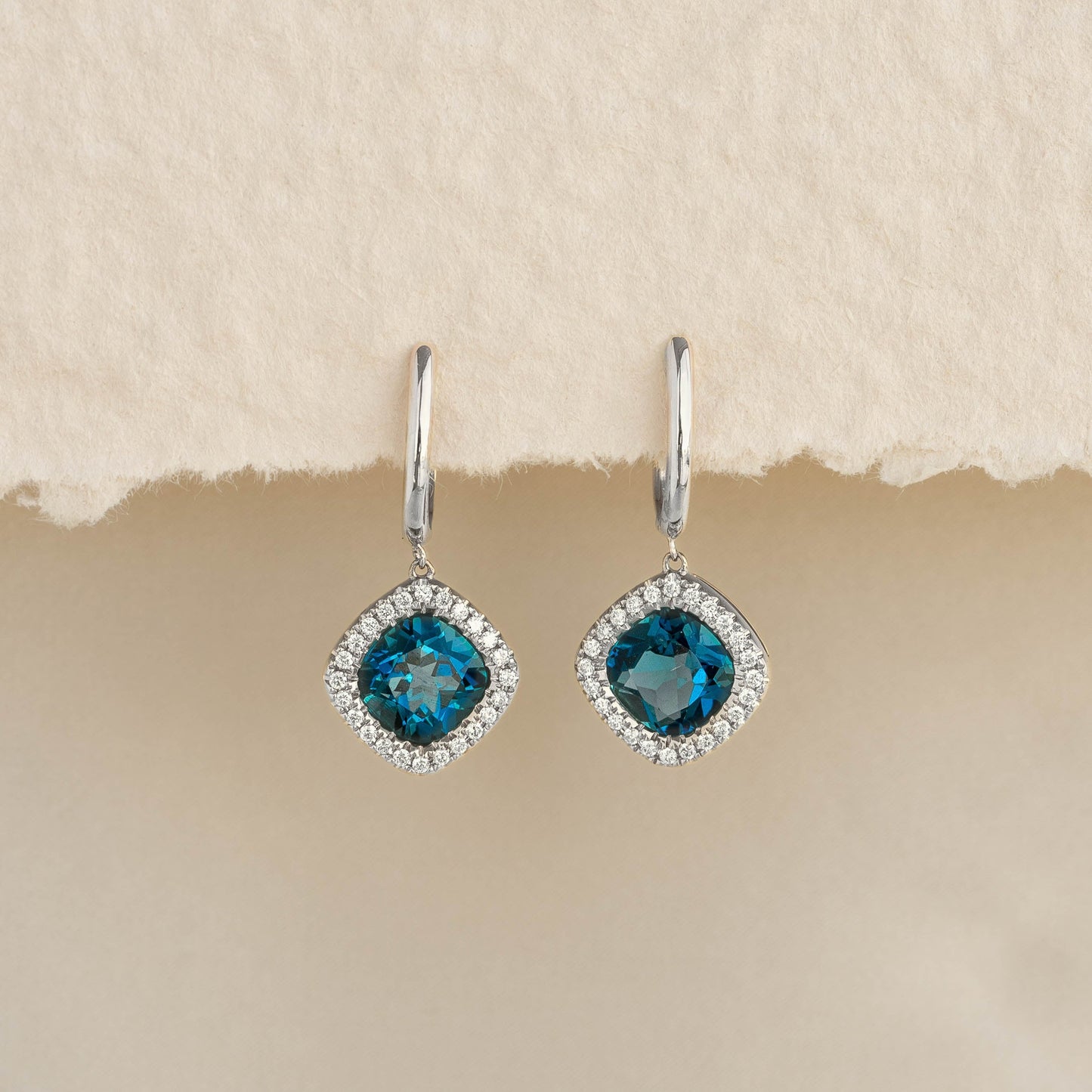 London Blue Topaz and Diamond Halo Drop Earrings White Gold - Elvira