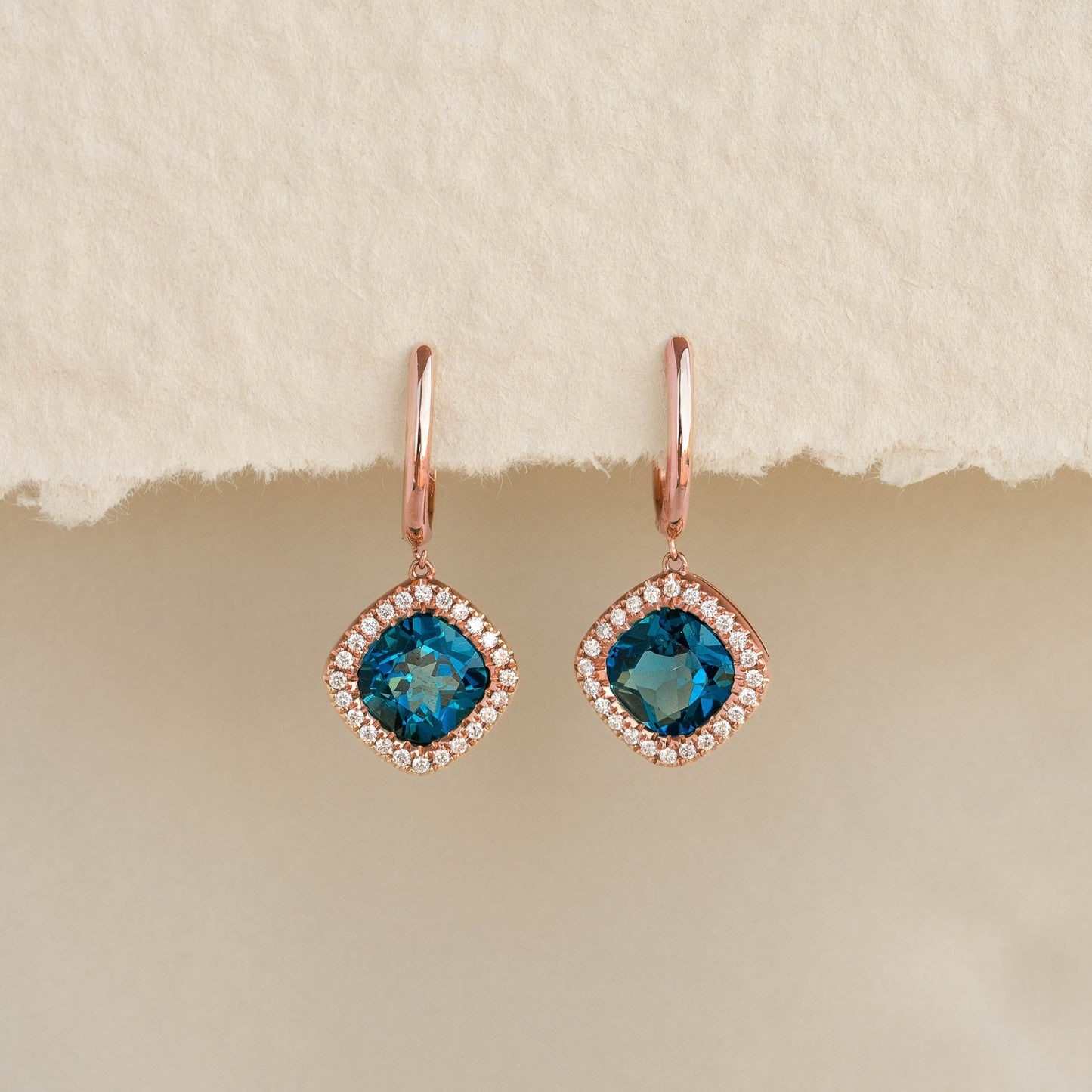 London Blue Topaz and Diamond Halo Drop Earrings Rose Gold - Elvira