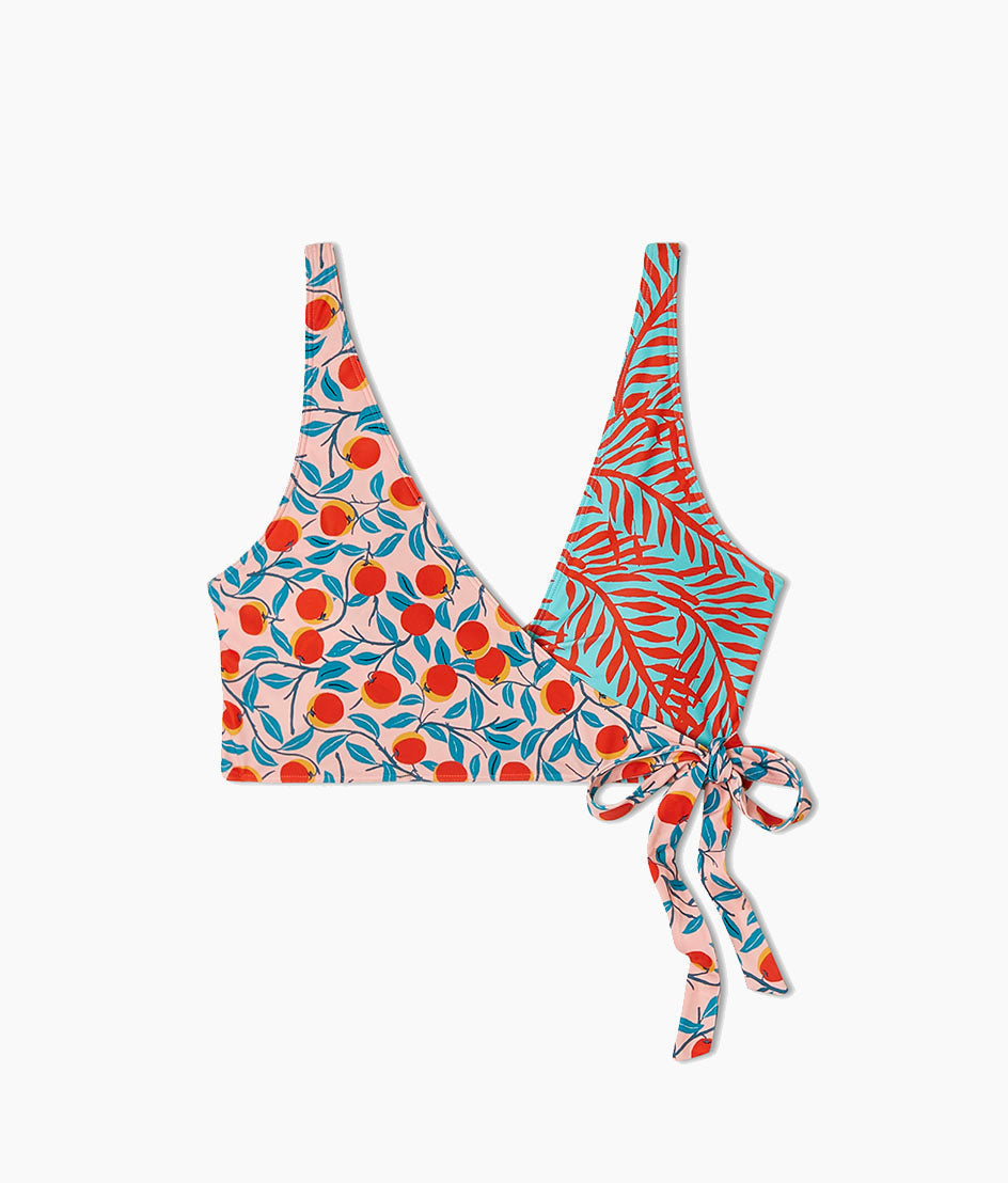 The Perfect Wrap Bikini Top - Pink Nectarine Orchard & Aqua Bella Palms