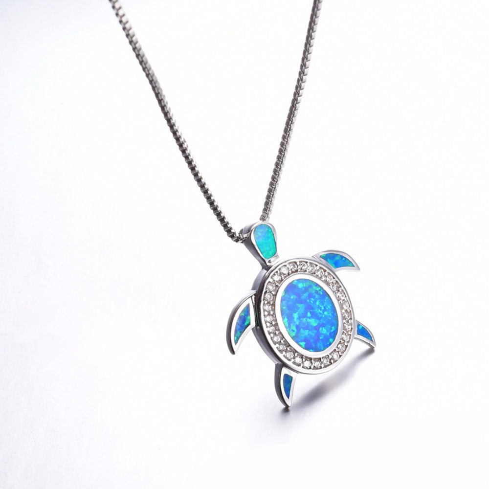 Blue Opal CZ Turtle Necklace