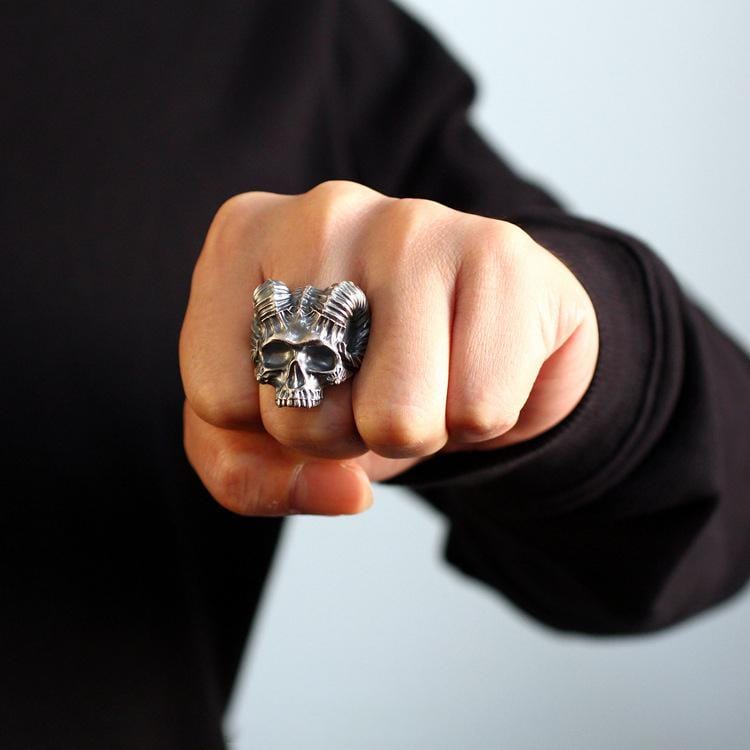 SATANIC RAM'S HORN SILVER SKULL RING