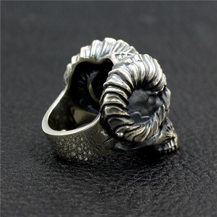 SATANIC RAM'S HORN SILVER SKULL RING