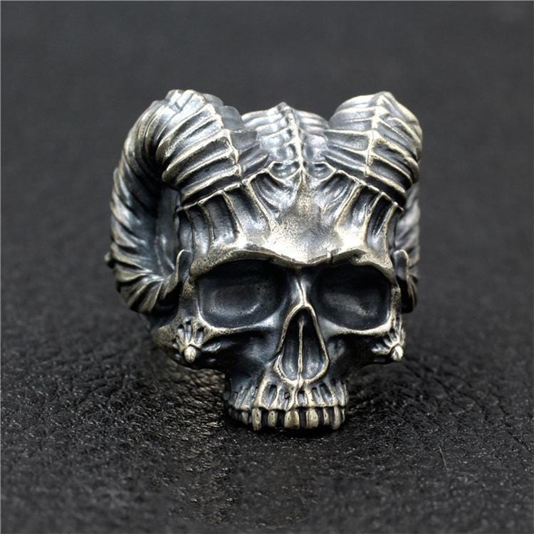 SATANIC RAM'S HORN SILVER SKULL RING