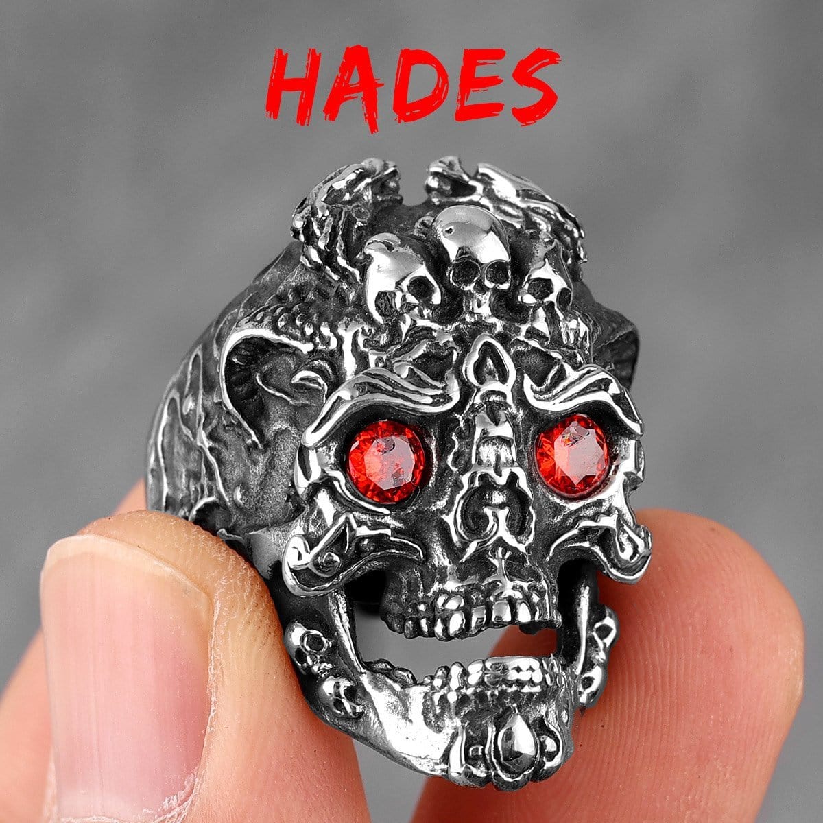RUBY & SAPPHIRE EYE STAINLESS STEEL SKULL RING