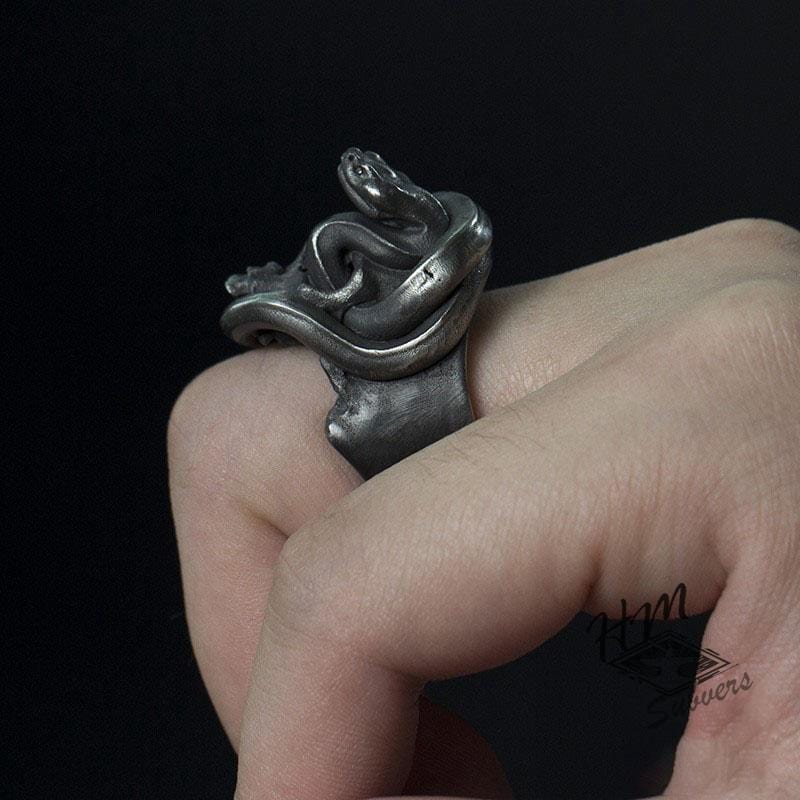 SKULL & COILED SNAKE STAINLESS STEEL RING