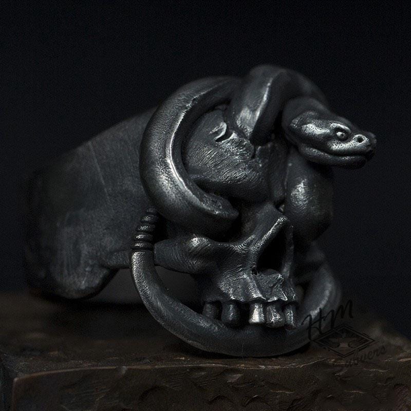 SKULL & COILED SNAKE STAINLESS STEEL RING