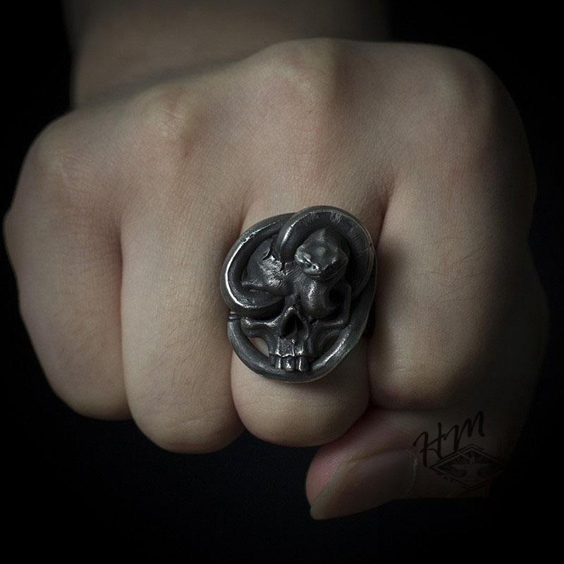 SKULL & COILED SNAKE STAINLESS STEEL RING