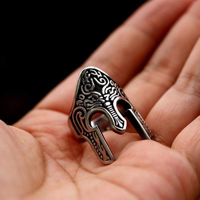 SPARTAN CARVED MASK STAINLESS STEEL RING
