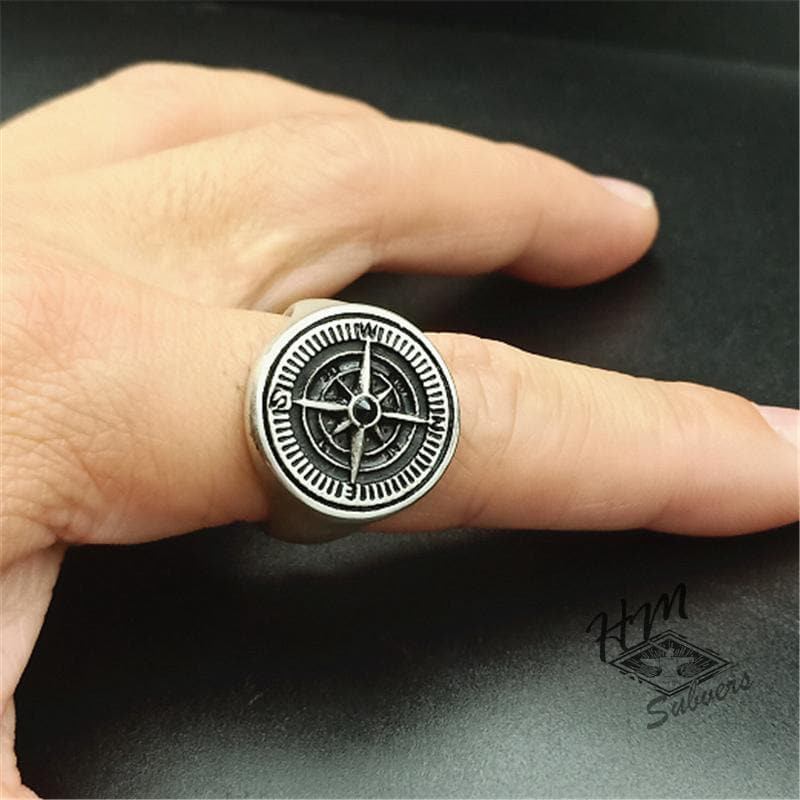 VINTAGE COMPASS STAINLESS STEEL RING
