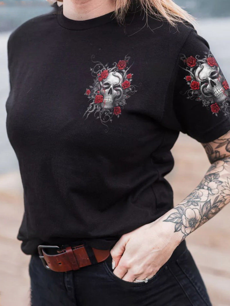 Women's Skull Rose Personalized Slogan Printed T-shirt