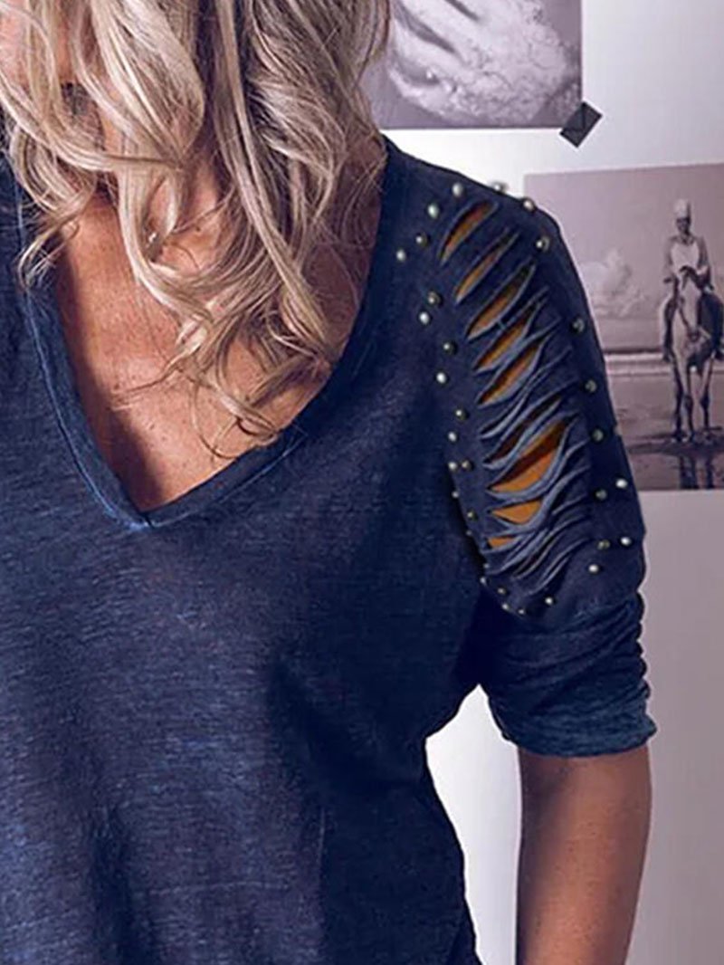 Women's V-neck Fabric Striped Long SleeveTops