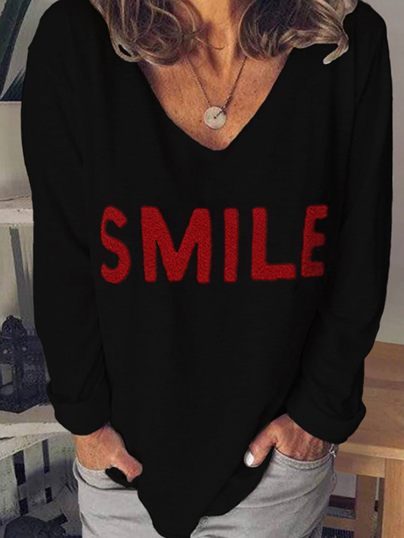 Letter embroidered V-neck long-sleeved t-shirt