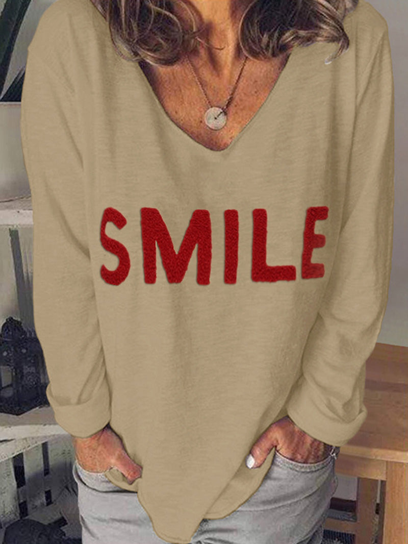 Letter embroidered V-neck long-sleeved t-shirt