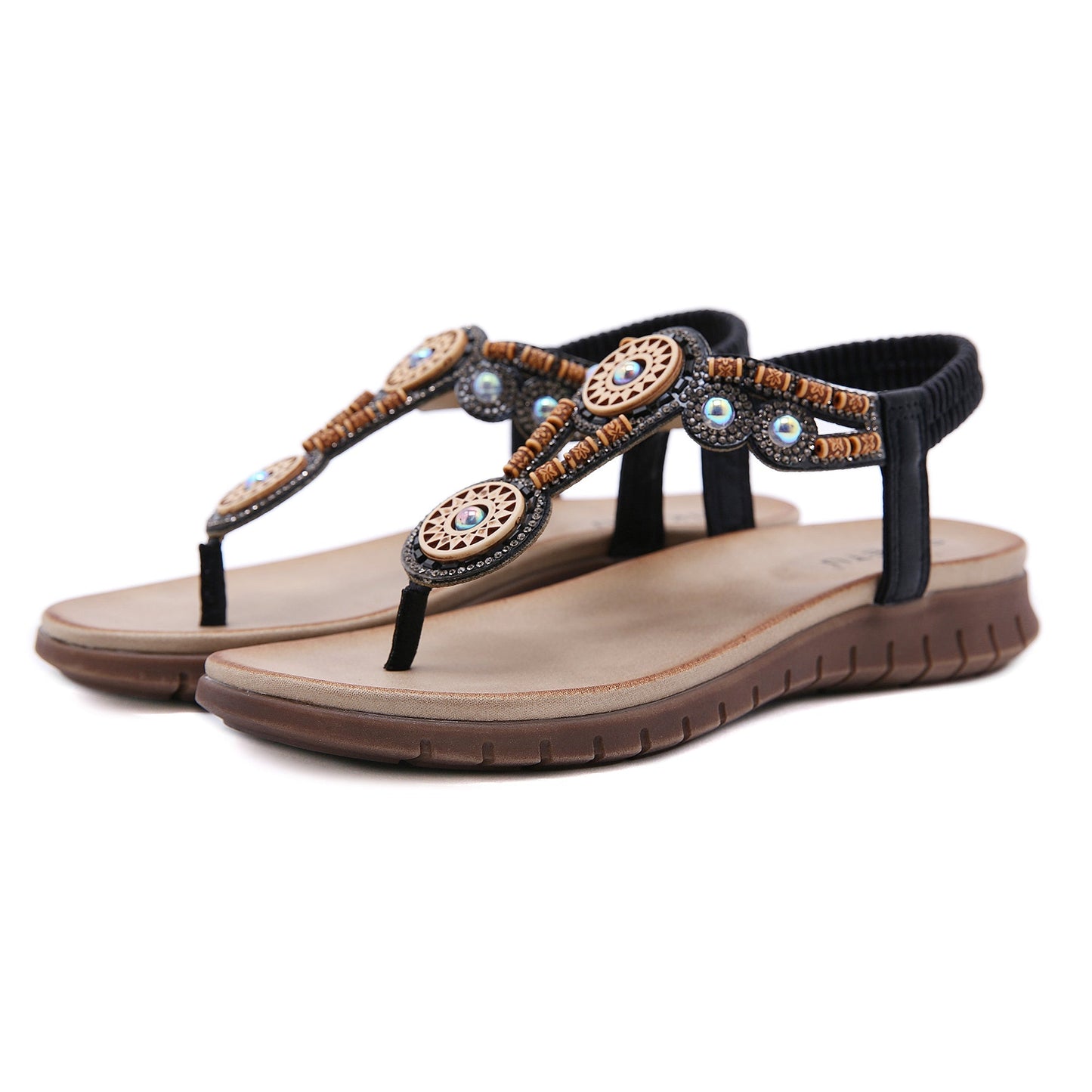 SIKETU | BEADED BOHO APPLIQUE T-STRAP THONG - BLACK