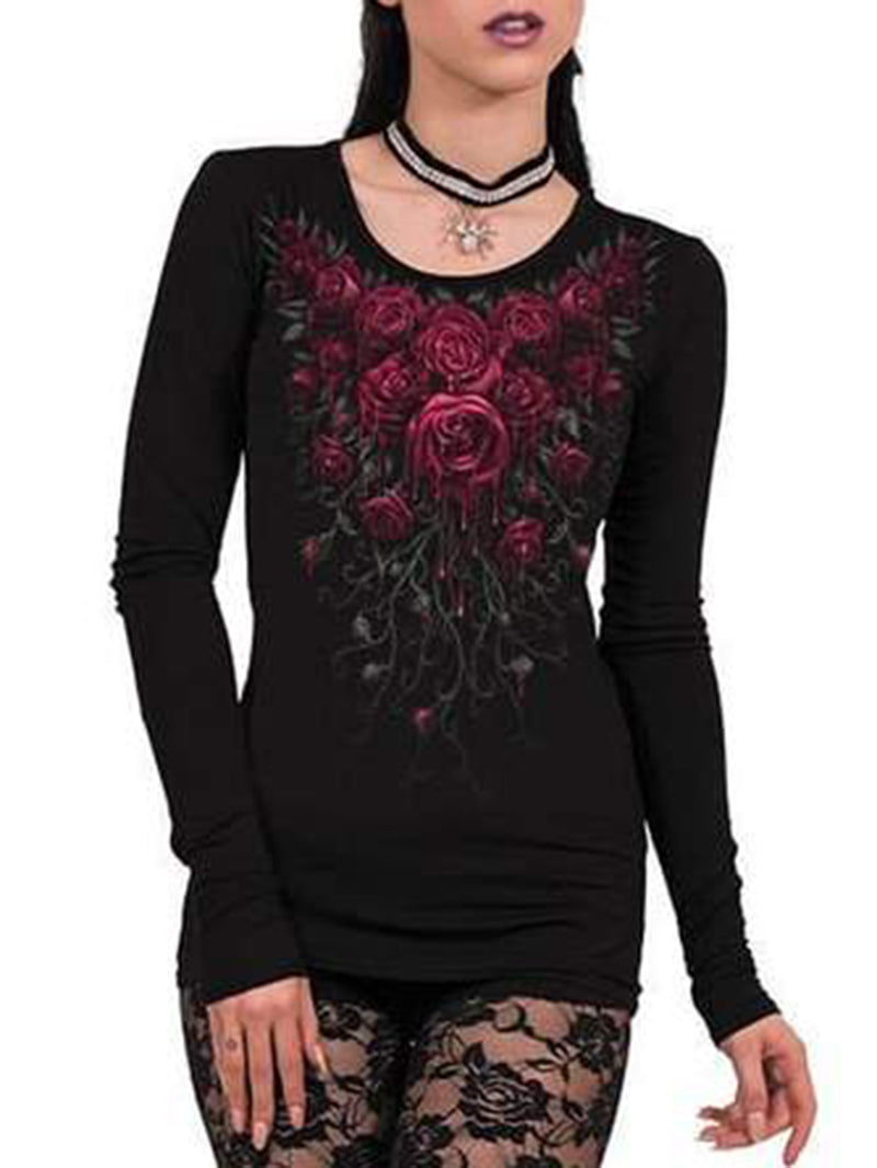 Rose Print Gothic Style Round Neck Female T-shirt