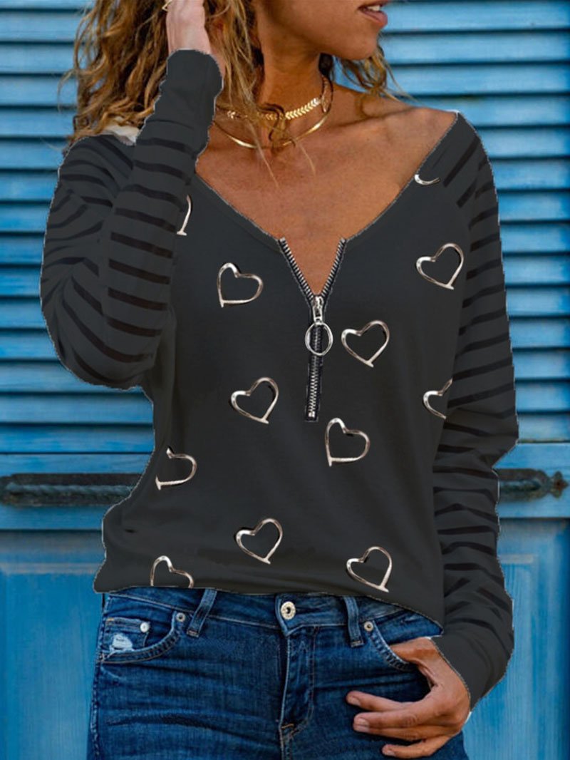 Women's Striped Heart Printed Long Sleeve Tops
