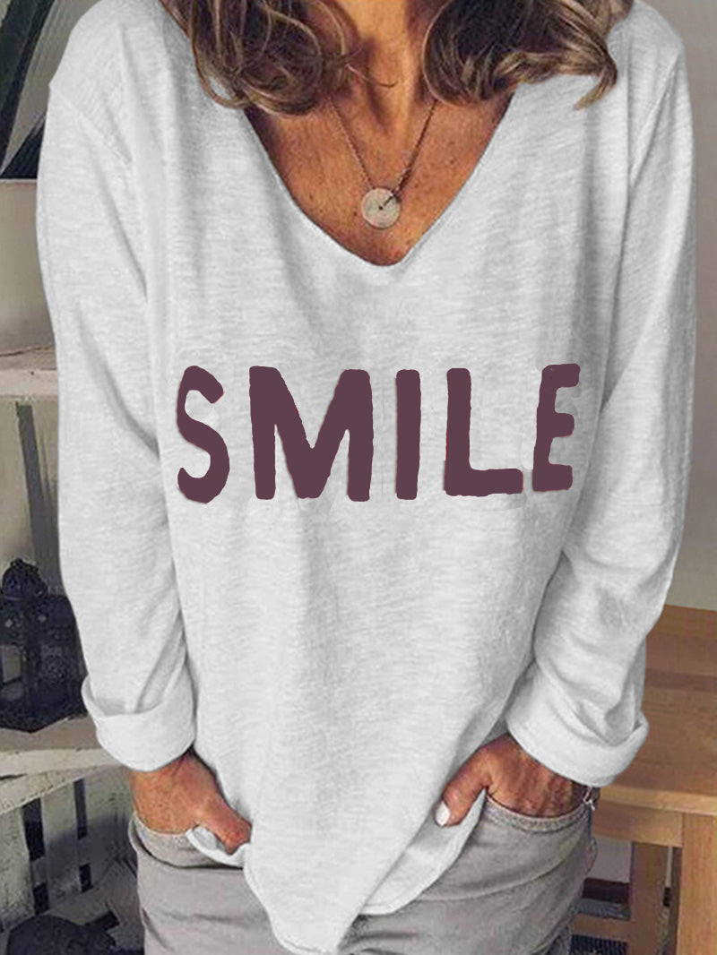Letter embroidered V-neck long-sleeved t-shirt