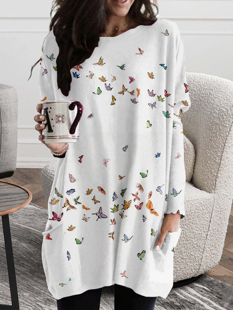 Butterfly Print Side Pocket Sweater Dress