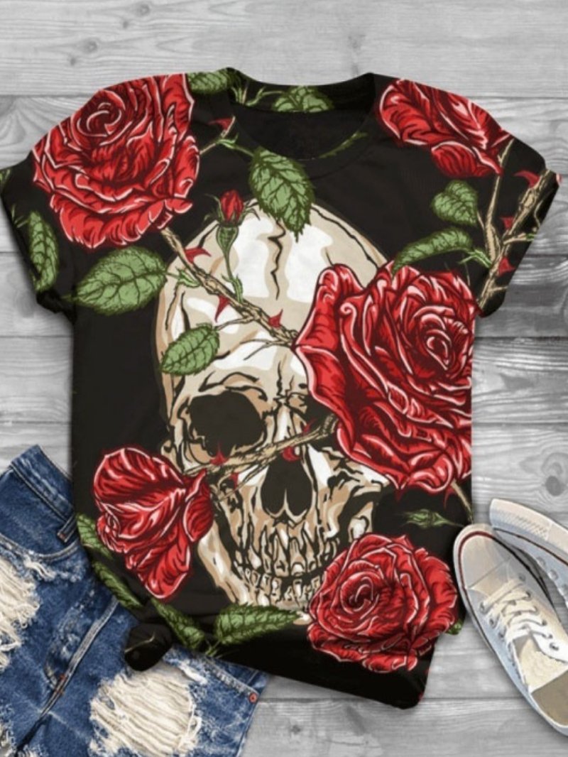 Casual Rose Skull Round Neck Short Sleeve Printed T-shirt