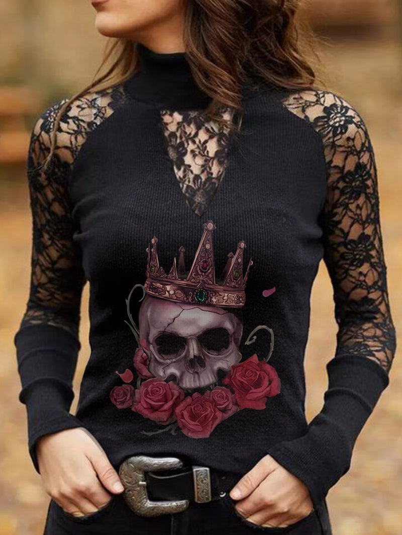 Punk Skull Rose Printed Lace Panel Top