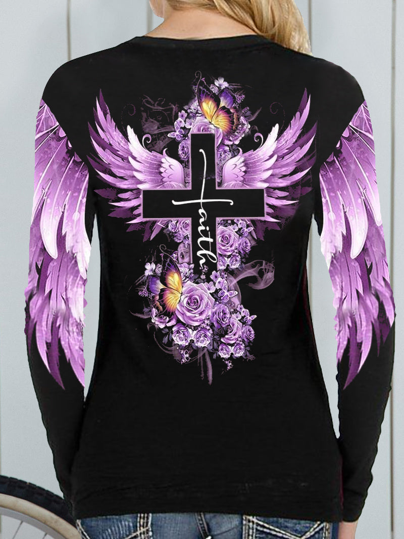 Wings Cross Printed Round Neck T-Shirt