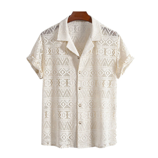 Noble Wear Short Sleeve Geometry Textured Cuban Shirt