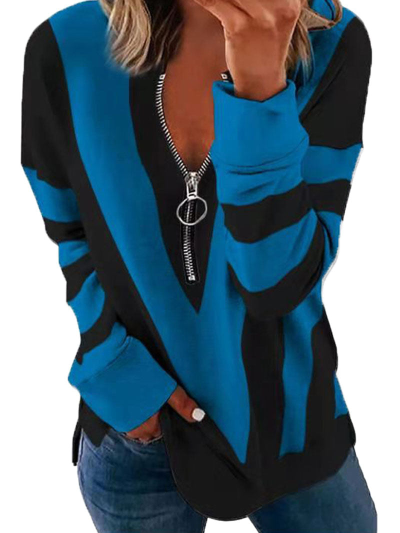 Women's Chest Zipper Stripe Printed T-shirt