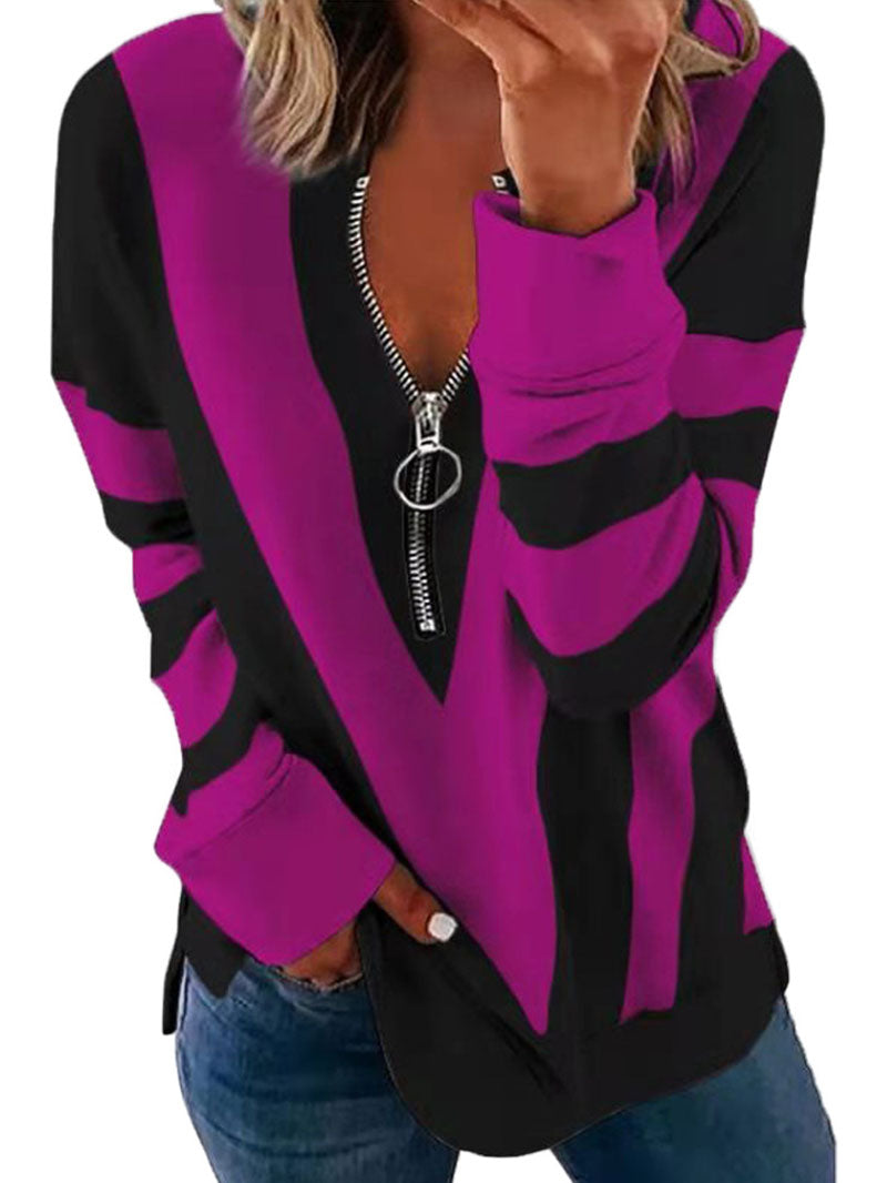 Women's Chest Zipper Stripe Printed T-shirt
