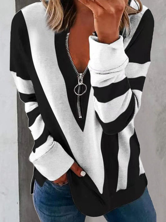 Women's Chest Zipper Stripe Printed T-shirt