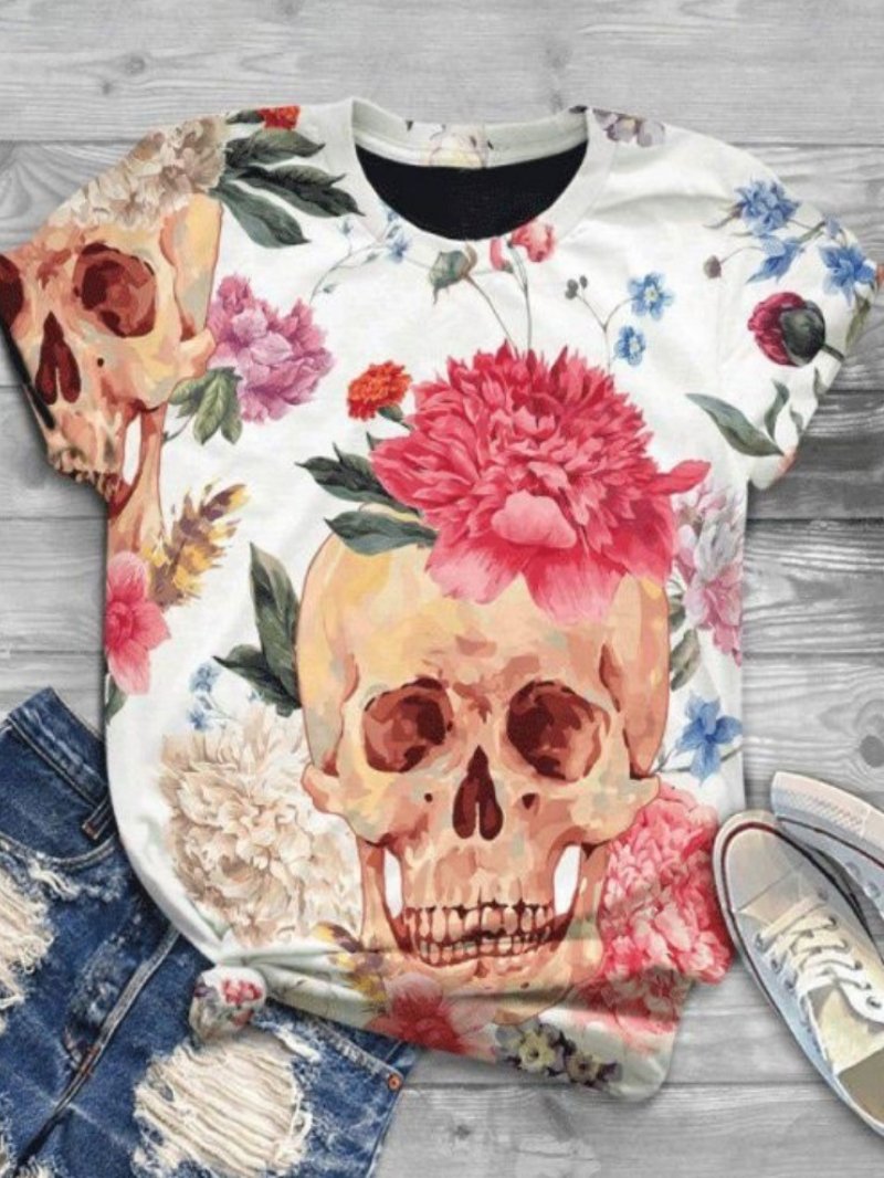 Casual Rose Skull Round Neck Short Sleeve Printed T-shirt