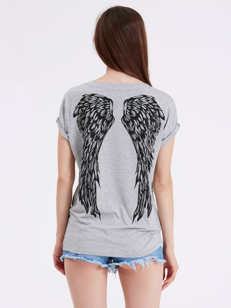 Gothic Wings Print Round Neck T-Shirt