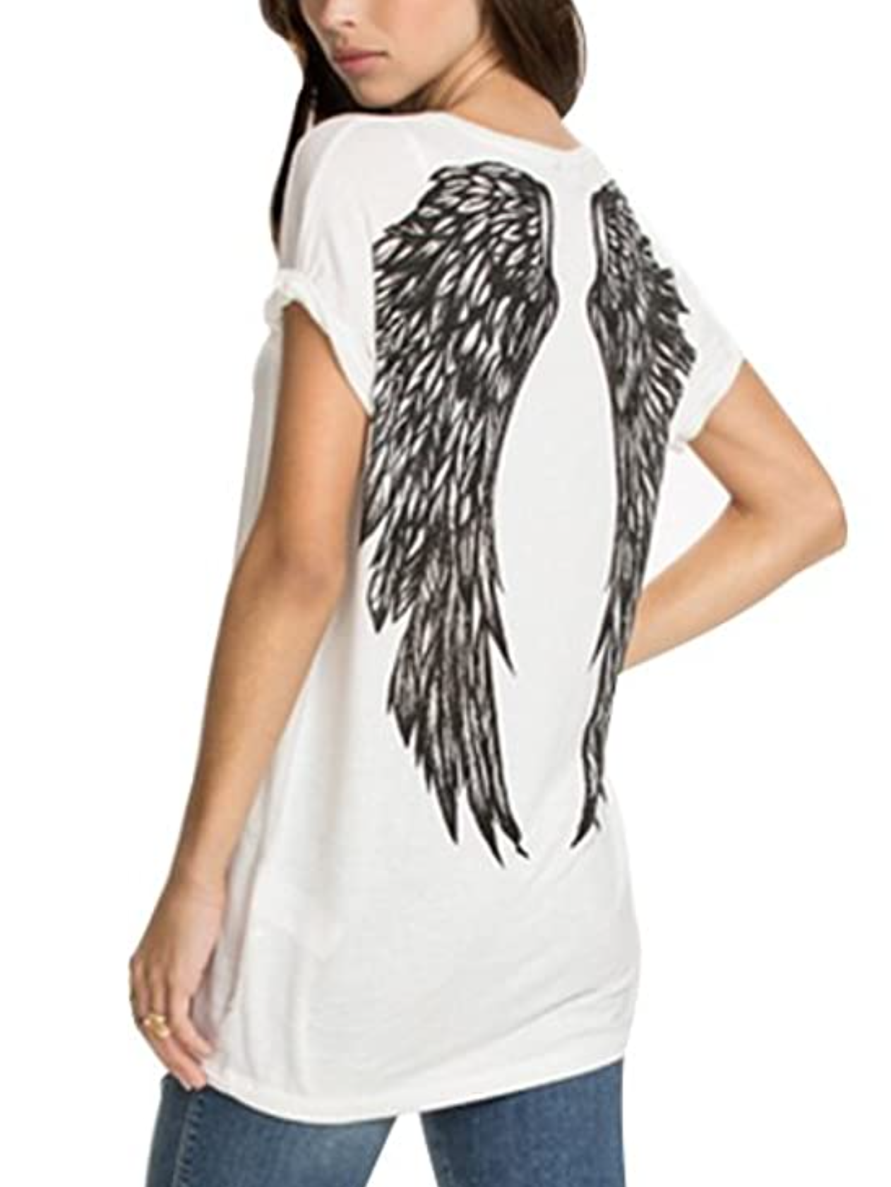 Gothic Wings Print Round Neck T-Shirt