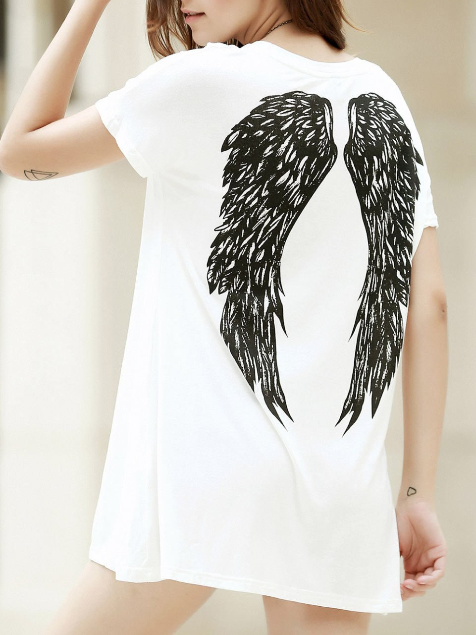 Gothic Wings Print Round Neck T-Shirt