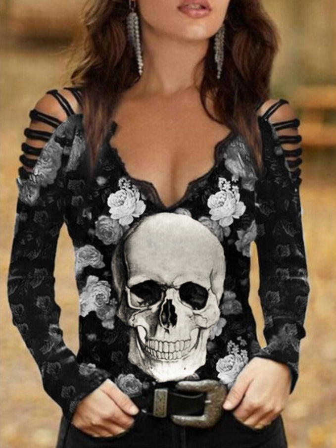 Punk Skull Hollow-Out Deep-V Top