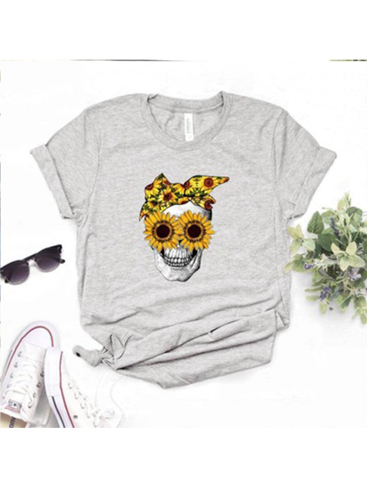 Sunflower Skull Print Multicolor Short Sleeve Shirts
