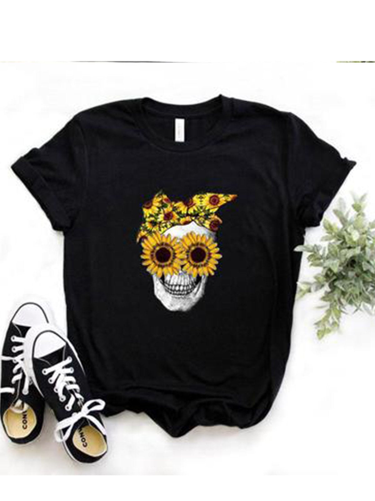 Sunflower Skull Print Multicolor Short Sleeve Shirts